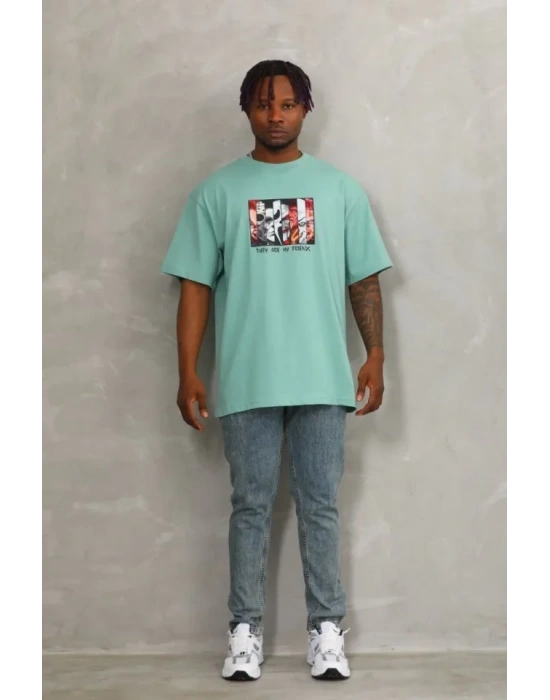 Unisex Oversize Baskılı Bisiklet Yaka Thirt  int Yeşili