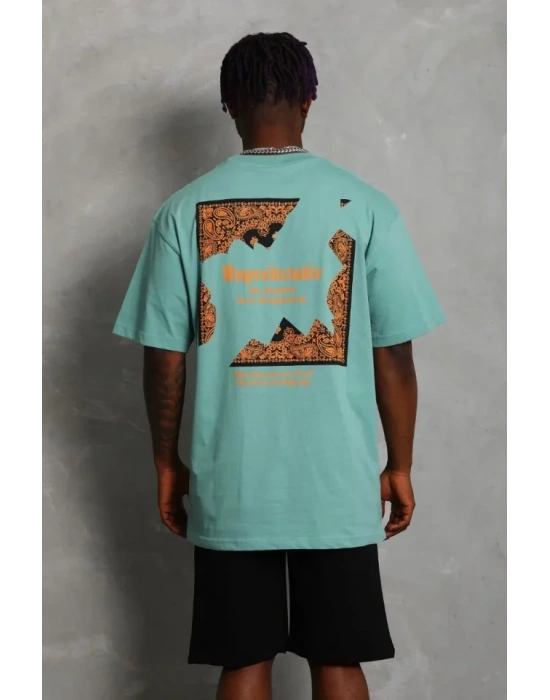 Unisex Oversize Baskılı Bisiklet Yaka Thirt  int Yeşili