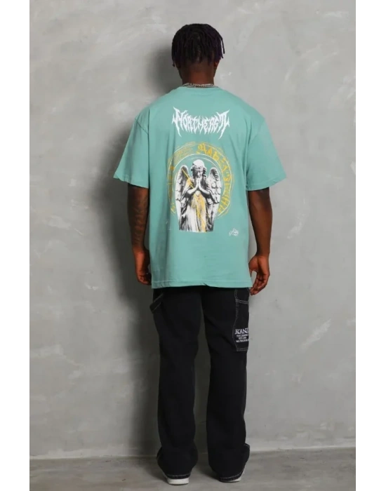 Unisex Oversize Baskılı Bisiklet Yaka Thirt  int Yeşili