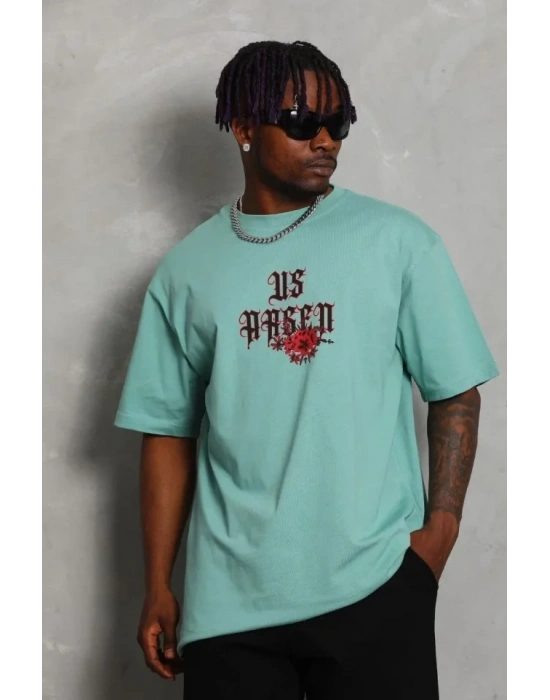 Unisex Oversize Baskılı Bisiklet Yaka Thirt  int Yeşili