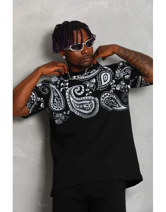 Unisex Oversize Baskılı Bisiklet Yaka Thirt  iyah