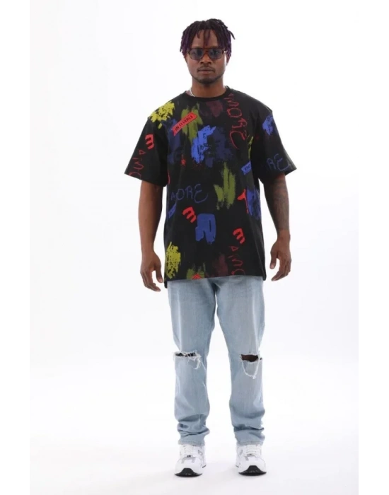 Unisex Oversize Baskılı Bisiklet Yaka Thirt  iyah