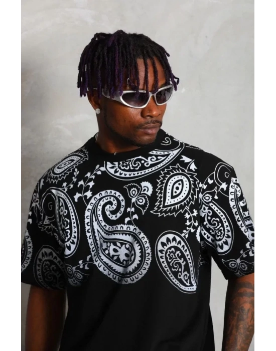 Unisex Oversize Baskılı Bisiklet Yaka Thirt  iyah