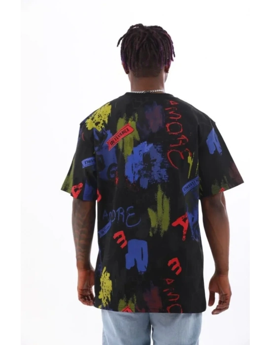 Unisex Oversize Baskılı Bisiklet Yaka Thirt  iyah