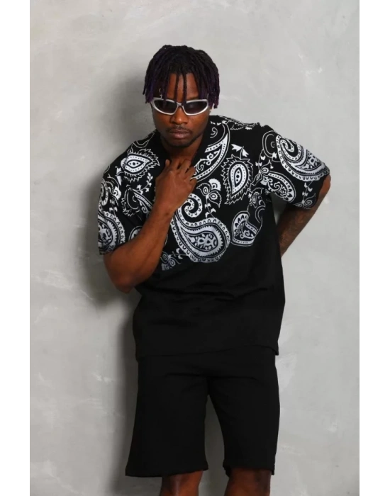 Unisex Oversize Baskılı Bisiklet Yaka Thirt  iyah