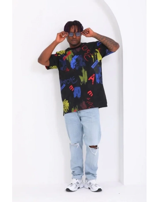 Unisex Oversize Baskılı Bisiklet Yaka Thirt  iyah