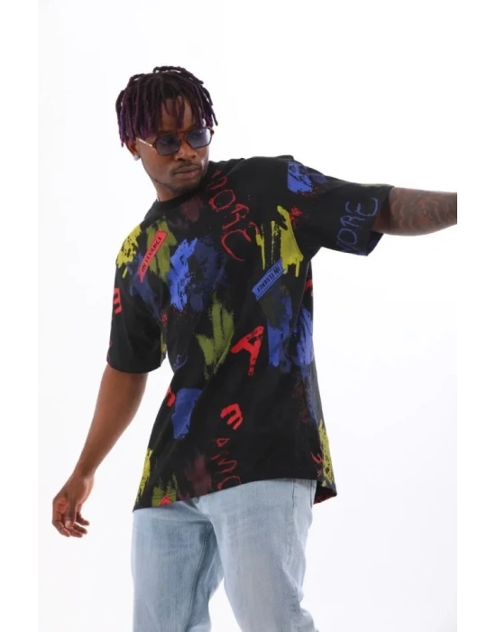 Unisex Oversize Baskılı Bisiklet Yaka Thirt  iyah