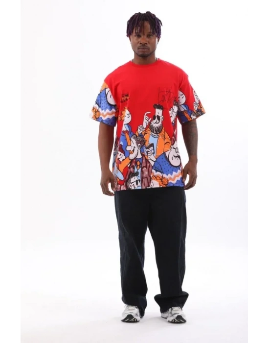 Unisex Oversize Baskılı Bisiklet Yaka Thirt  Kırmızı