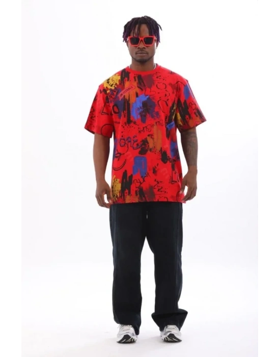 Unisex Oversize Baskılı Bisiklet Yaka Thirt  Kırmızı