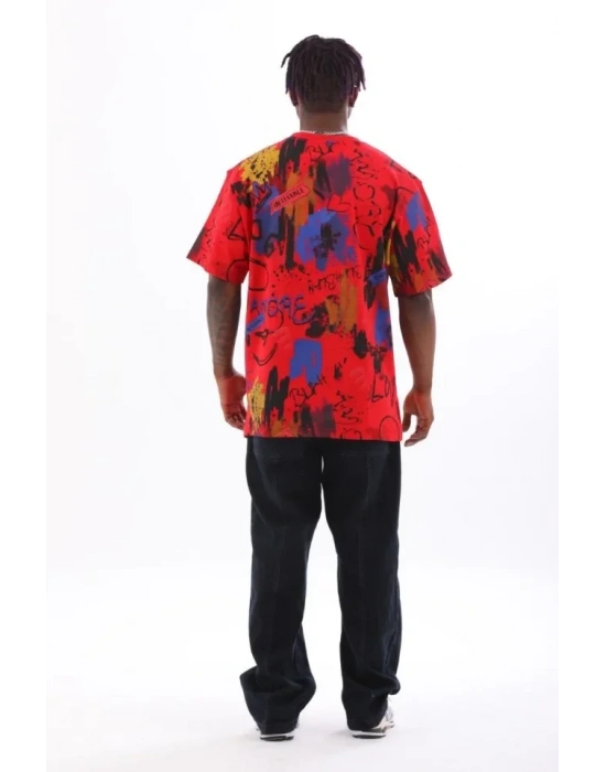 Unisex Oversize Baskılı Bisiklet Yaka Thirt  Kırmızı