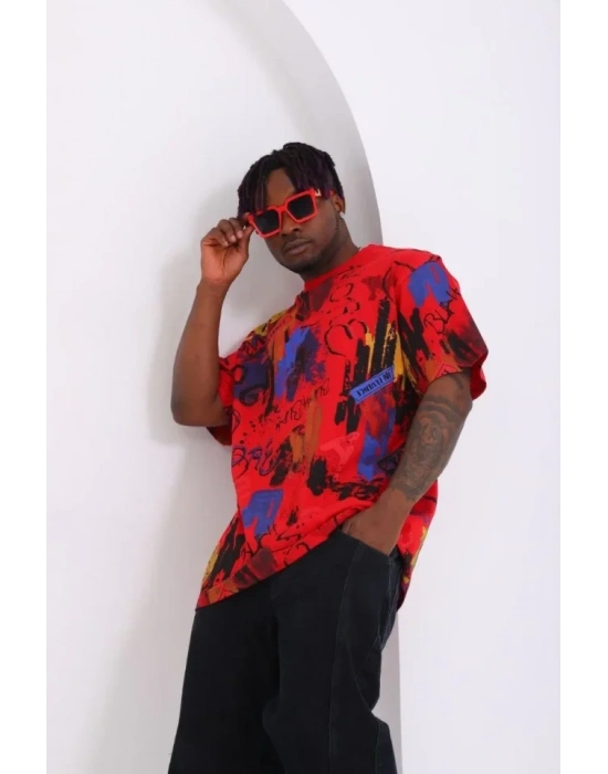 Unisex Oversize Baskılı Bisiklet Yaka Thirt  Kırmızı