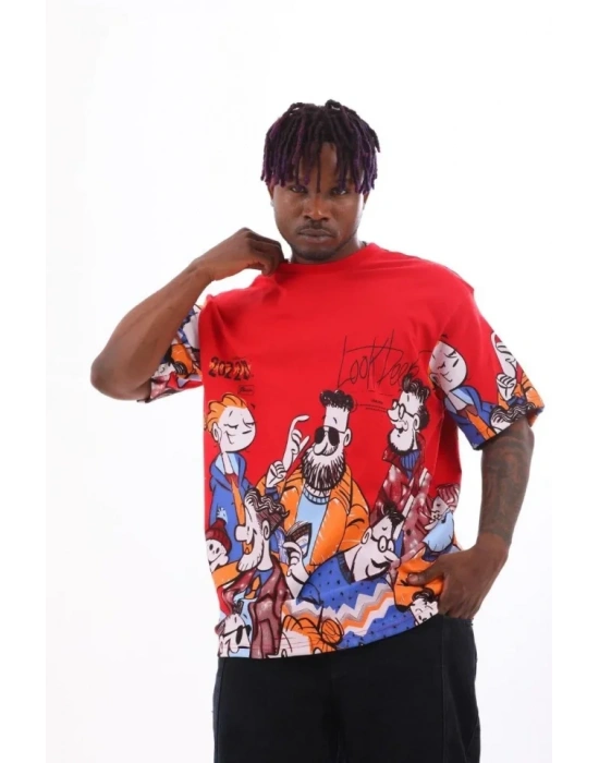 Unisex Oversize Baskılı Bisiklet Yaka Thirt  Kırmızı