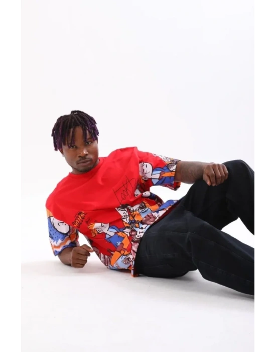 Unisex Oversize Baskılı Bisiklet Yaka Thirt  Kırmızı