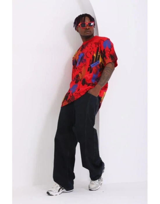 Unisex Oversize Baskılı Bisiklet Yaka Thirt  Kırmızı