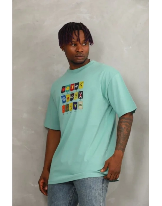 Unisex Oversize Baskılı Bisiklet Yaka TShirt  Mint Yeşili