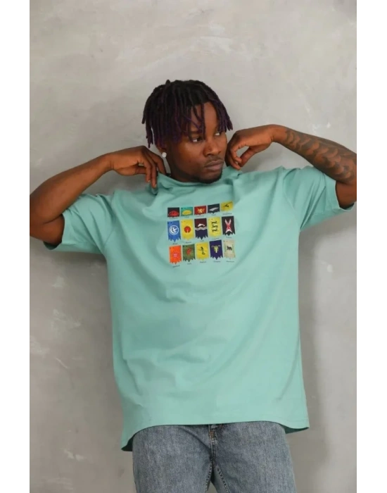 Unisex Oversize Baskılı Bisiklet Yaka TShirt  Mint Yeşili