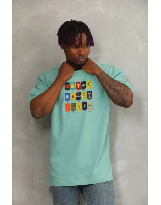 Unisex Oversize Baskılı Bisiklet Yaka TShirt  Mint Yeşili