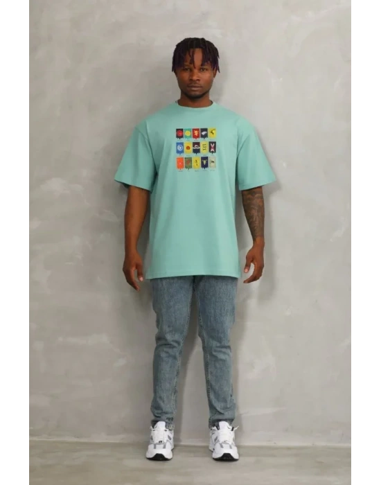 Unisex Oversize Baskılı Bisiklet Yaka TShirt  Mint Yeşili