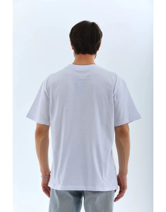 Unisex Oversize Düz Bisiklet Yaka Thirt  Beyaz