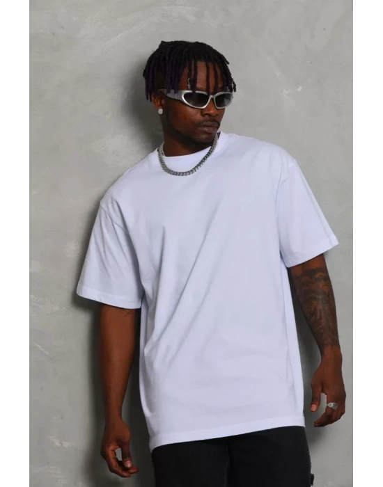 Unisex Oversize Düz Bisiklet Yaka Thirt  Beyaz