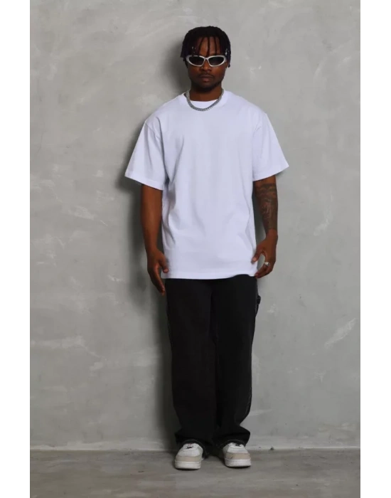 Unisex Oversize Düz Bisiklet Yaka Thirt  Beyaz