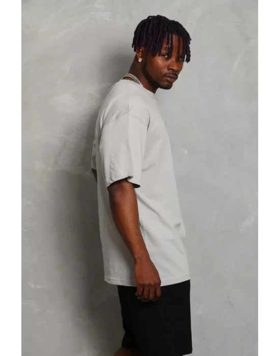 Unisex Oversize Düz Bisiklet Yaka Thirt  Gri