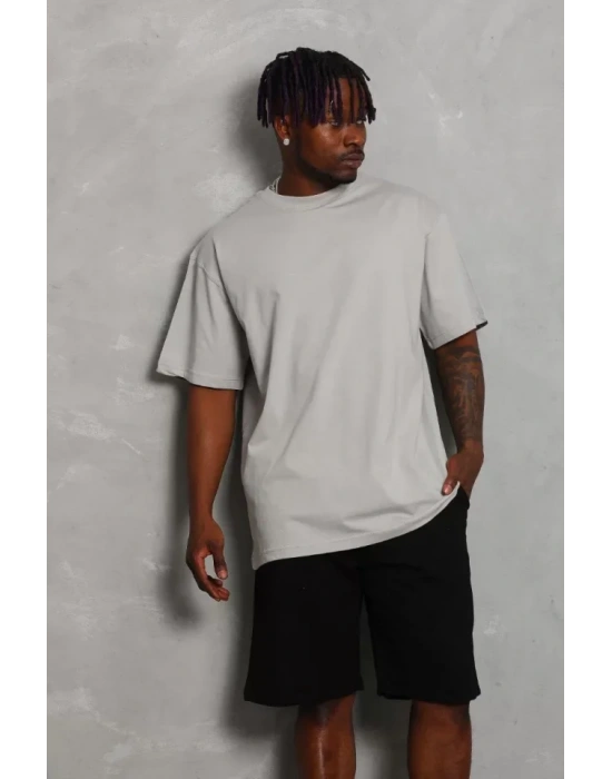 Unisex Oversize Düz Bisiklet Yaka Thirt  Gri