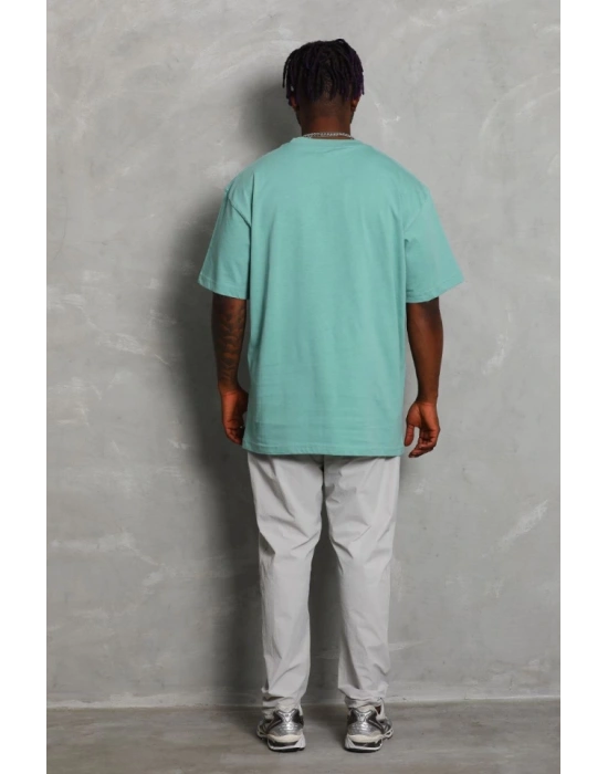 Unisex Oversize Düz Bisiklet Yaka Thirt  int Yeşili