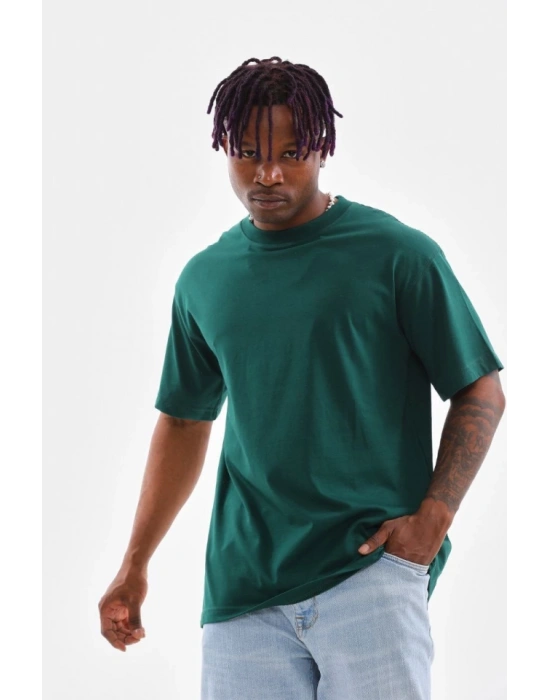 Unisex Oversize Düz Bisiklet Yaka Thirt  Koyu Yeşili