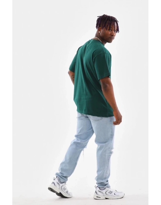 Unisex Oversize Düz Bisiklet Yaka Thirt  Koyu Yeşili