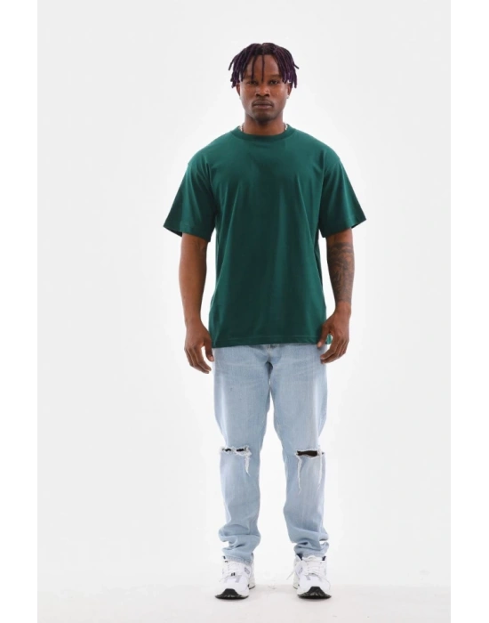 Unisex Oversize Düz Bisiklet Yaka Thirt  Koyu Yeşili