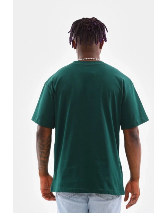 Unisex Oversize Düz Bisiklet Yaka Thirt  Koyu Yeşili