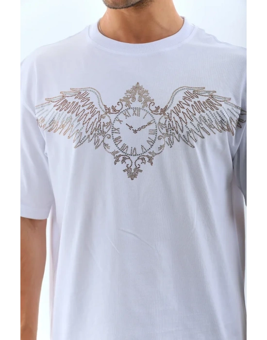 Unisex Oversize Taşlı Bisiklet Yaka Thirt  Beyaz