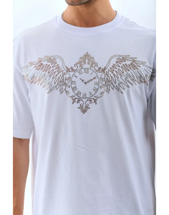 Unisex Oversize Taşlı Bisiklet Yaka Thirt  Beyaz