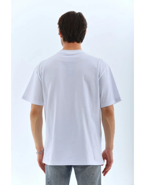 Unisex Oversize Taşlı Bisiklet Yaka Thirt  Beyaz