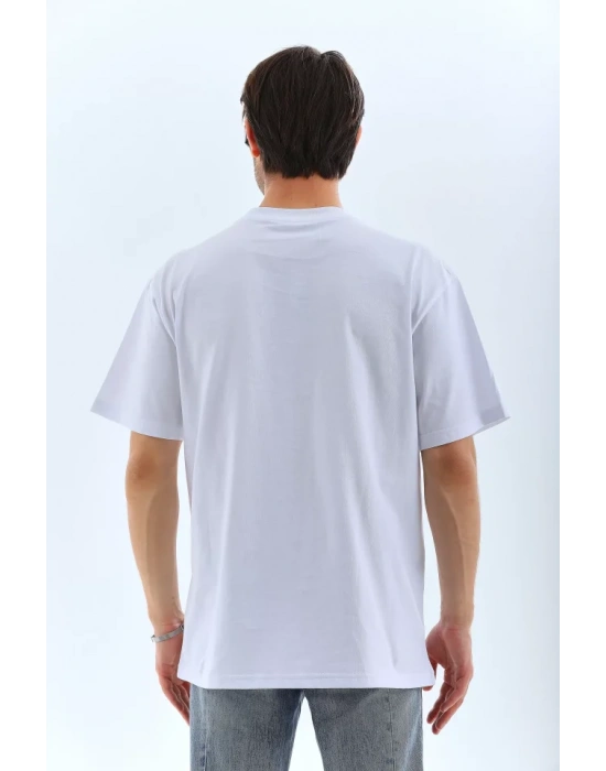 Unisex Oversize Taşlı Bisiklet Yaka Thirt  Beyaz