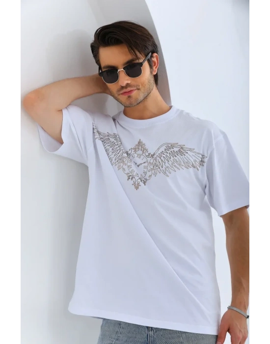 Unisex Oversize Taşlı Bisiklet Yaka Thirt  Beyaz