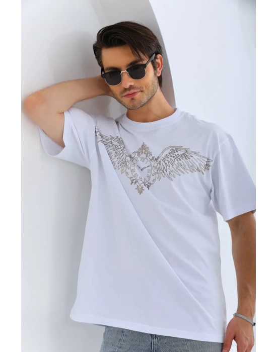 Unisex Oversize Taşlı Bisiklet Yaka Thirt  Beyaz