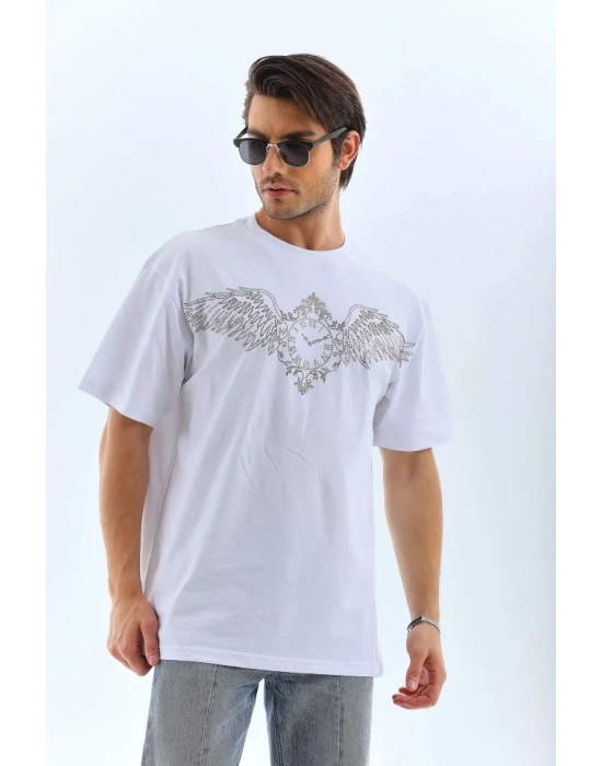 Unisex Oversize Taşlı Bisiklet Yaka Thirt  Beyaz