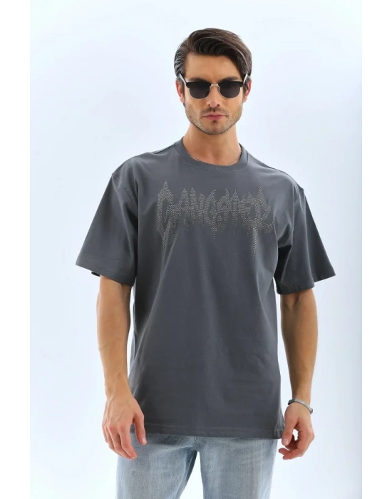 Unisex Oversize Taşlı Bisiklet Yaka Thirt  Füme