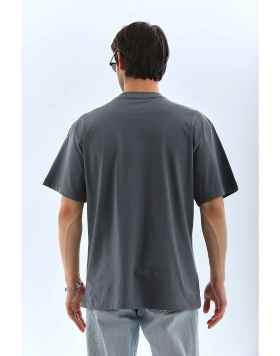 Unisex Oversize Taşlı Bisiklet Yaka Thirt  Füme