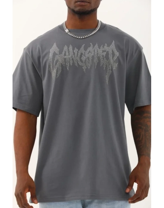 Unisex Oversize Taşlı Bisiklet Yaka Thirt  Füme