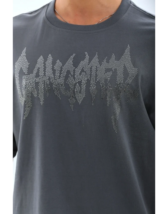 Unisex Oversize Taşlı Bisiklet Yaka Thirt  Füme