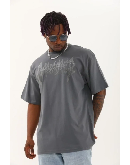 Unisex Oversize Taşlı Bisiklet Yaka Thirt  Füme