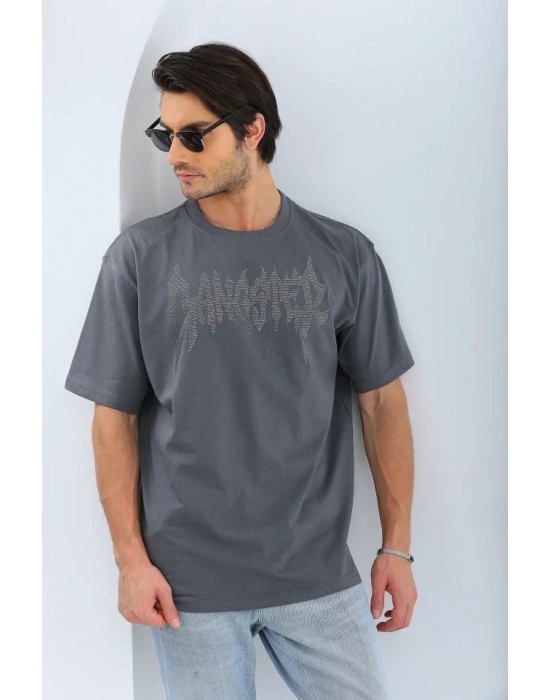 Unisex Oversize Taşlı Bisiklet Yaka Thirt  Füme