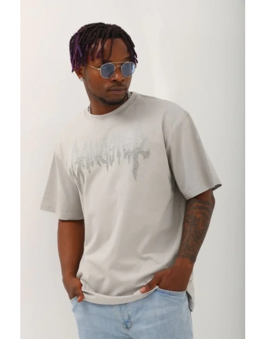 Unisex Oversize Taşlı Bisiklet Yaka Thirt  Gri