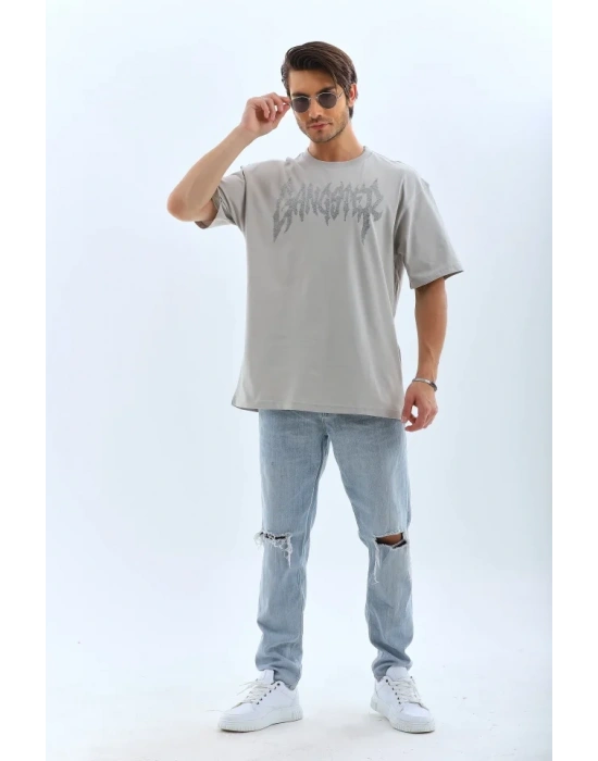 Unisex Oversize Taşlı Bisiklet Yaka Thirt  Gri