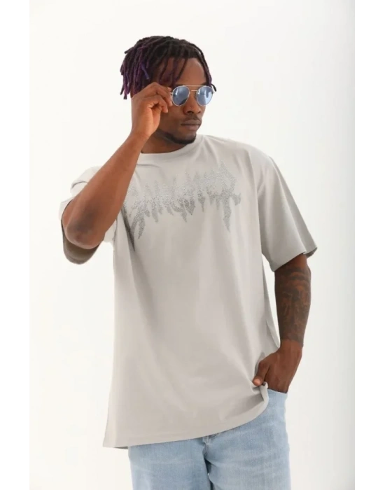 Unisex Oversize Taşlı Bisiklet Yaka Thirt  Gri