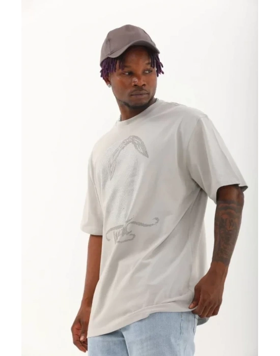 Unisex Oversize Taşlı Bisiklet Yaka Thirt  Gri