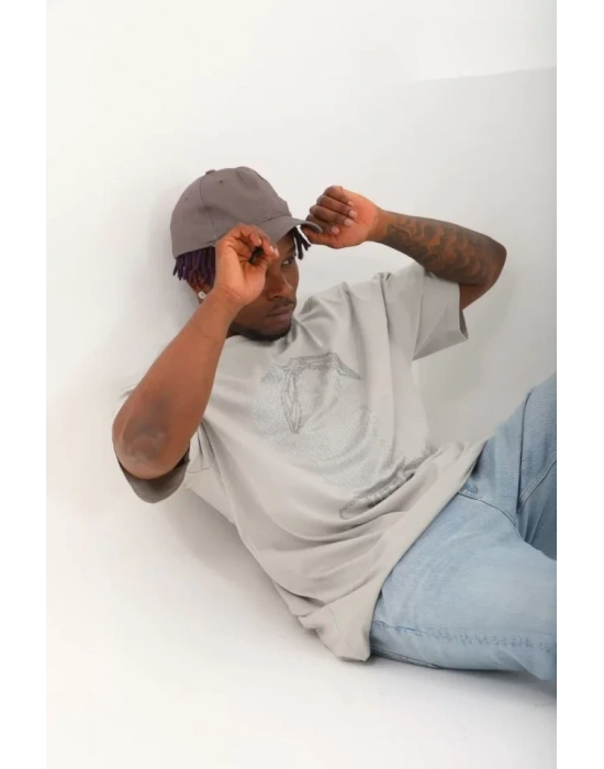 Unisex Oversize Taşlı Bisiklet Yaka Thirt  Gri